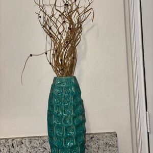 Teal Textured Vase with Natural Twigs